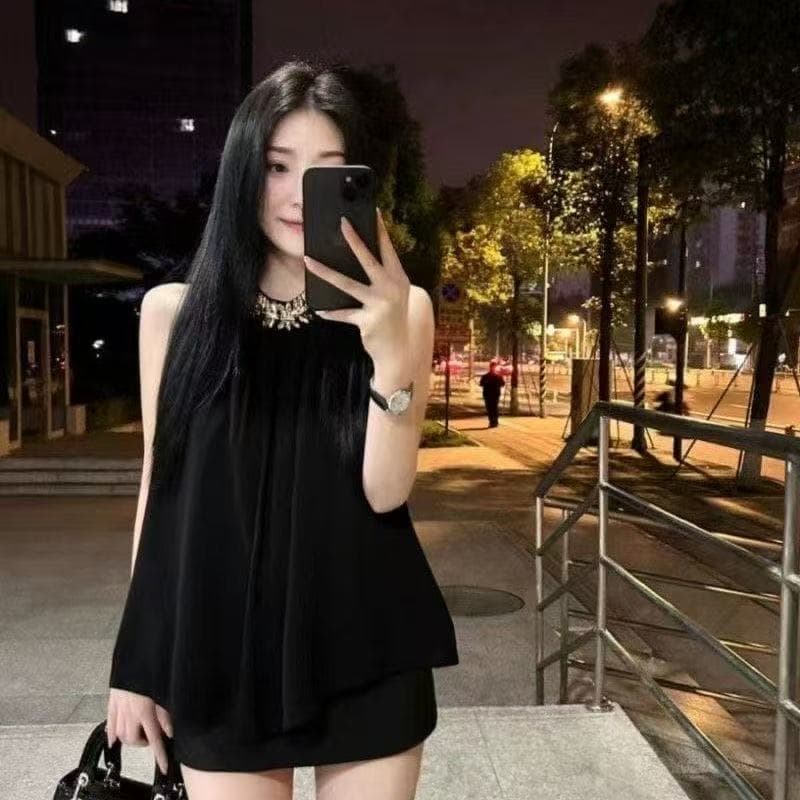 작은 샤넬 스타일 스와로브스키 민소매 행침 목 맨위 여성 핫걸 품격 검정색 루즈핏 쉬폰 작은 대중 슬림해 보이는 명문 여성 조끼 상세 이미지 8
