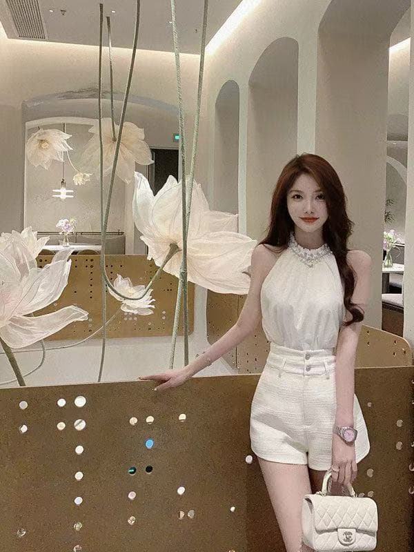 여름 새로운 고급 센스 품격 행침 목 민소매 비즈 박기 셔츠 상세 이미지 4