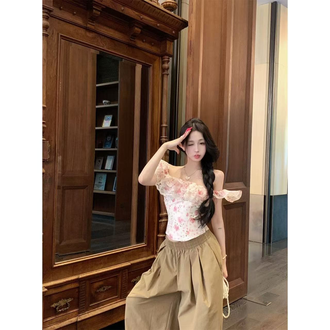 프랑스식 레트로 꽃무늬 프릴 튜브탑 조끼 여성 여름 새로운 몸매 가꾸기 슬림해 보이는 아름다운 민소매 외출용 맨위 상세 이미지 1