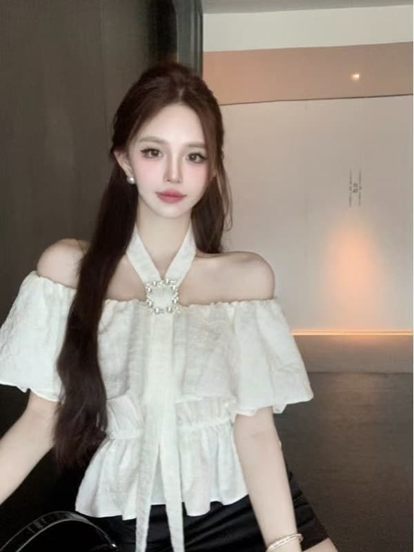 프랑스식 행침 목 오프숄더 반팔 여성 셔츠 여름 새로운 외국 가스 슬림해 보이는 프릴 허리 수축 Chic 맨위 상세 이미지 1
