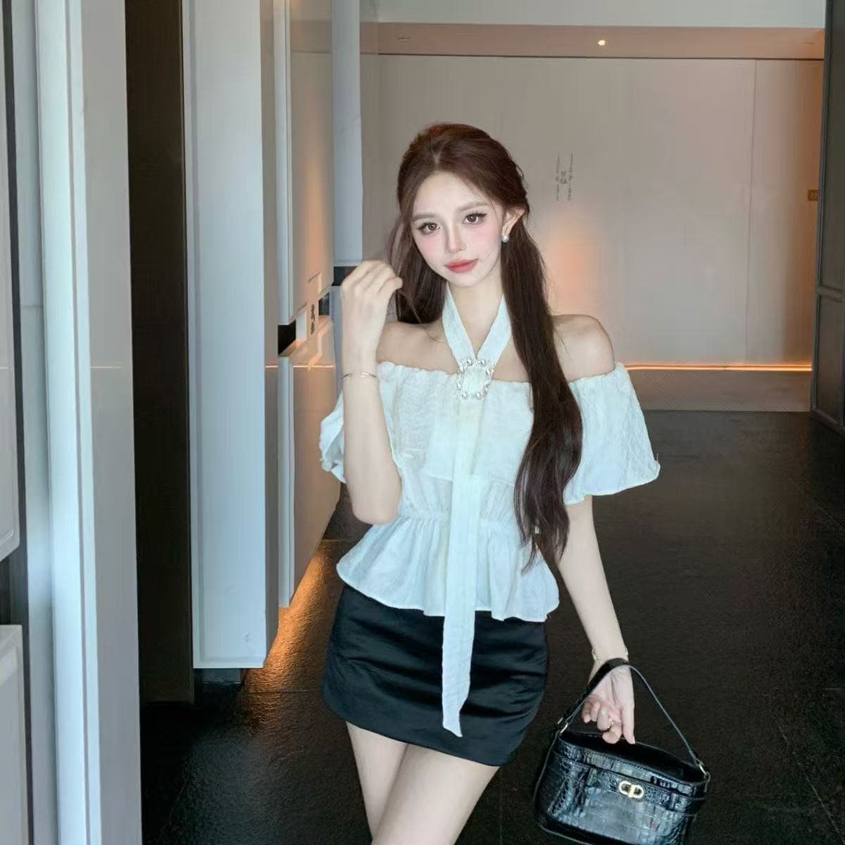 프랑스식 행침 목 오프숄더 반팔 여성 셔츠 여름 새로운 외국 가스 슬림해 보이는 프릴 허리 수축 Chic 맨위 상세 이미지 5