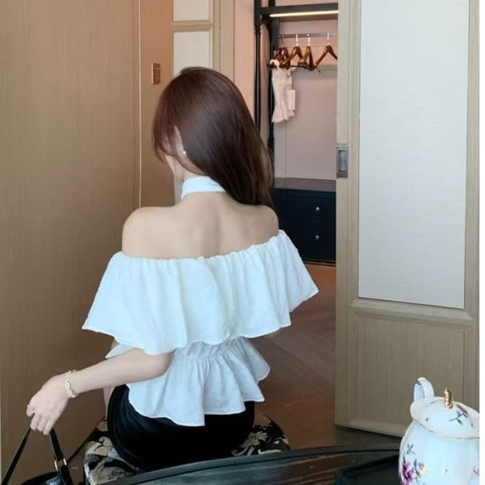 프랑스식 행침 목 오프숄더 반팔 여성 셔츠 여름 새로운 외국 가스 슬림해 보이는 프릴 허리 수축 Chic 맨위 상세 이미지 6