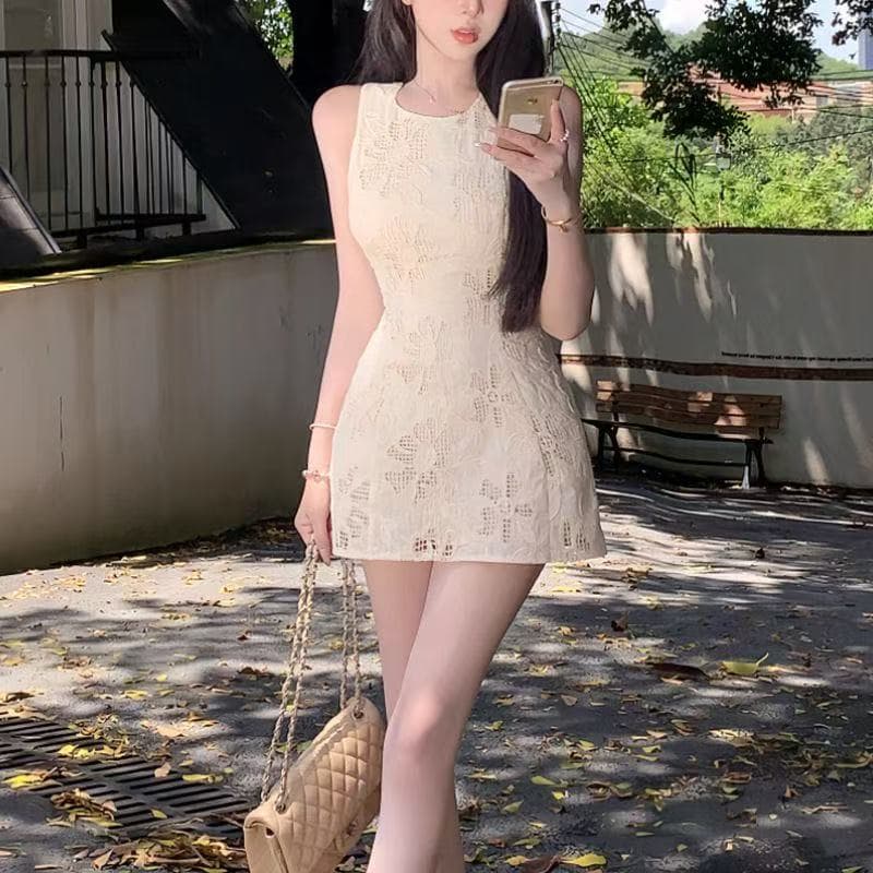 프랑스식 품격 허리 수축 슬림해 보이는 민소매 조끼 여성 드레스 여름 디자인 센스 자수 오프숄더 한 마디 짧은 치마 상세 이미지 3