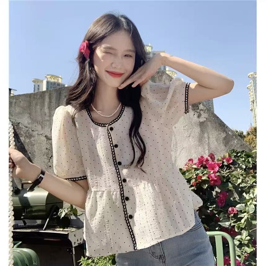 달콤함 연령 감소 도트 무늬 반팔 여성 셔츠 여름 디자인 센스 작은 대중 쇼트 스타일 작은 셔츠 루즈핏 Chic 인형 셔츠 맨위 이미지 3
