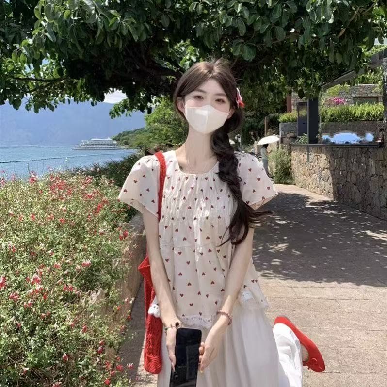 작은 키 한 부서 달콤함 빨간색 하트 프린트 주름 Feifei 소매 여성 셔츠 여름 거품 소매 루즈핏 맨위 이미지 3