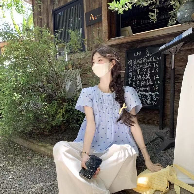 작은 키 한 부서 달콤함 빨간색 하트 프린트 주름 Feifei 소매 여성 셔츠 여름 거품 소매 루즈핏 맨위 상세 이미지 1