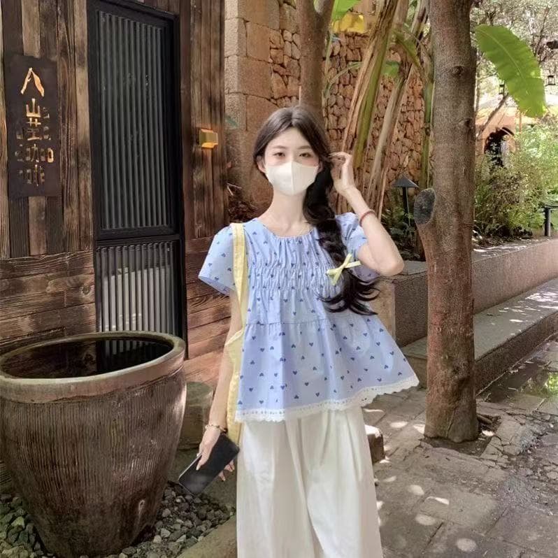 작은 키 한 부서 달콤함 빨간색 하트 프린트 주름 Feifei 소매 여성 셔츠 여름 거품 소매 루즈핏 맨위 상세 이미지 2