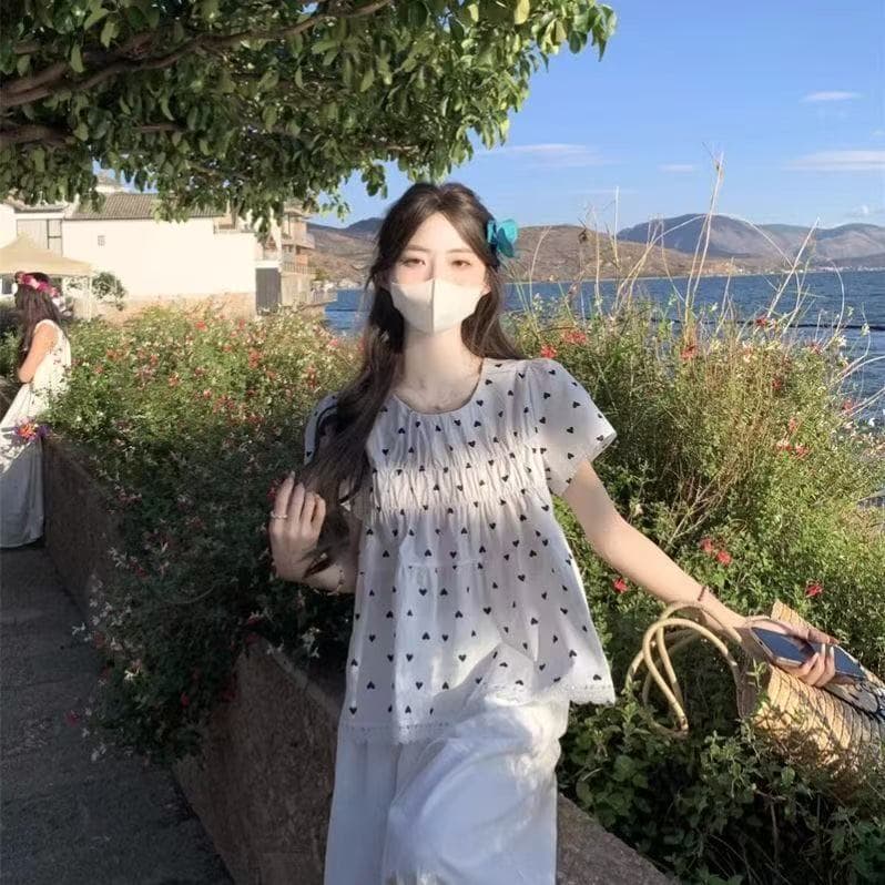 작은 키 한 부서 달콤함 빨간색 하트 프린트 주름 Feifei 소매 여성 셔츠 여름 거품 소매 루즈핏 맨위 상세 이미지 4