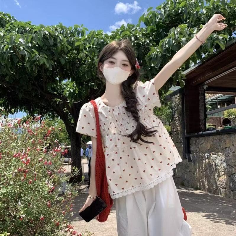작은 키 한 부서 달콤함 빨간색 하트 프린트 주름 Feifei 소매 여성 셔츠 여름 거품 소매 루즈핏 맨위 상세 이미지 7