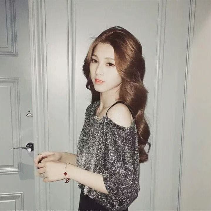 오프숄더 슬립 맨위 여성 여름 드레스 새로운 한국 스타일 루즈핏 슬림해 보이는 광택 실 반팔 빅 사이즈 작은 심장 기계 외출용 티셔츠 이미지 3