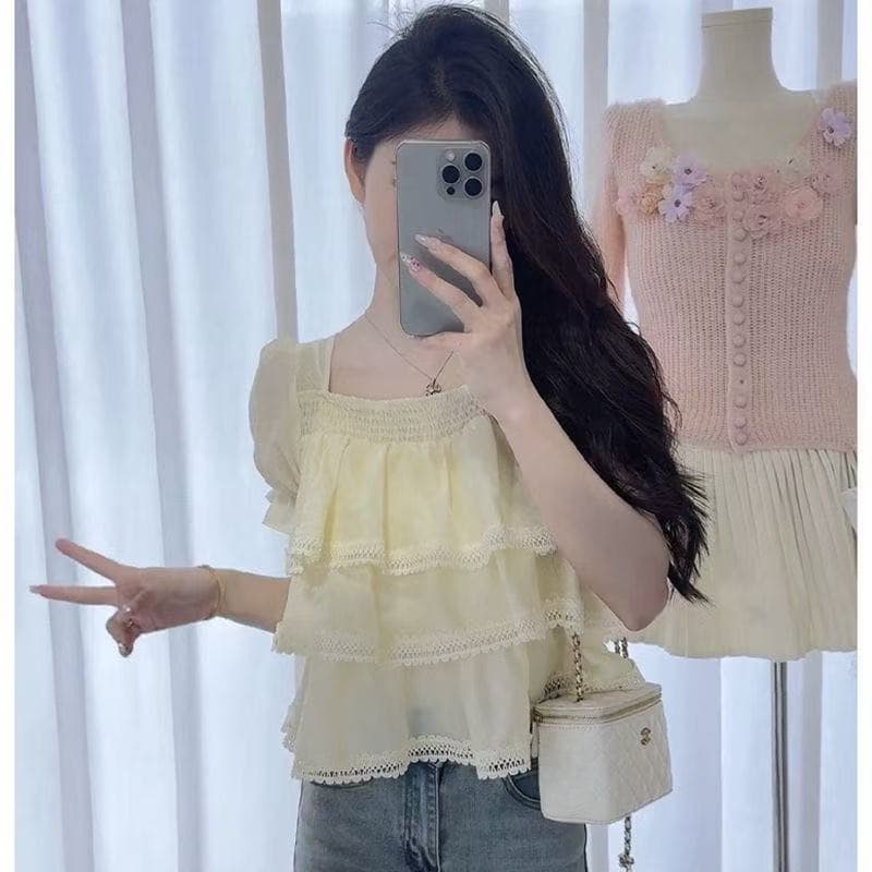 프랑스식 달콤한 미국 칼라 반팔 쉬폰 여성 셔츠 2025 여름 새로운 프릴 루즈핏 슬림해 보이는 표지 배 맨위
