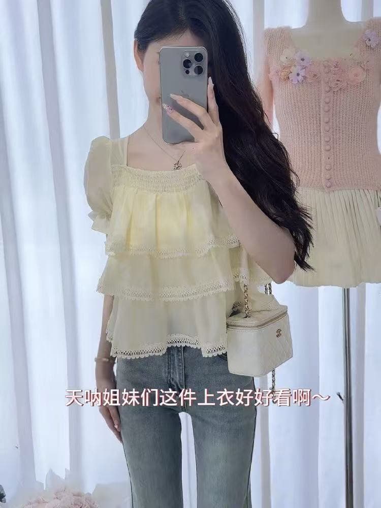프랑스식 달콤한 미국 칼라 반팔 쉬폰 여성 셔츠 2025 여름 새로운 프릴 루즈핏 슬림해 보이는 표지 배 맨위 이미지 3