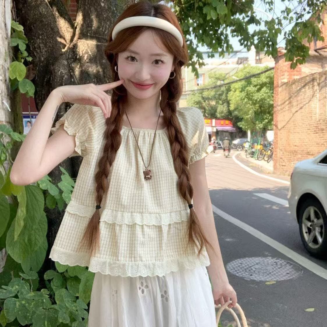 프랑스식 달콤함 패치워크 레이스 체크무늬 여성 셔츠 여름 새로운 작은 키 연령 감소 레이스업 거품 소매 맨위 트렌디 이미지 4
