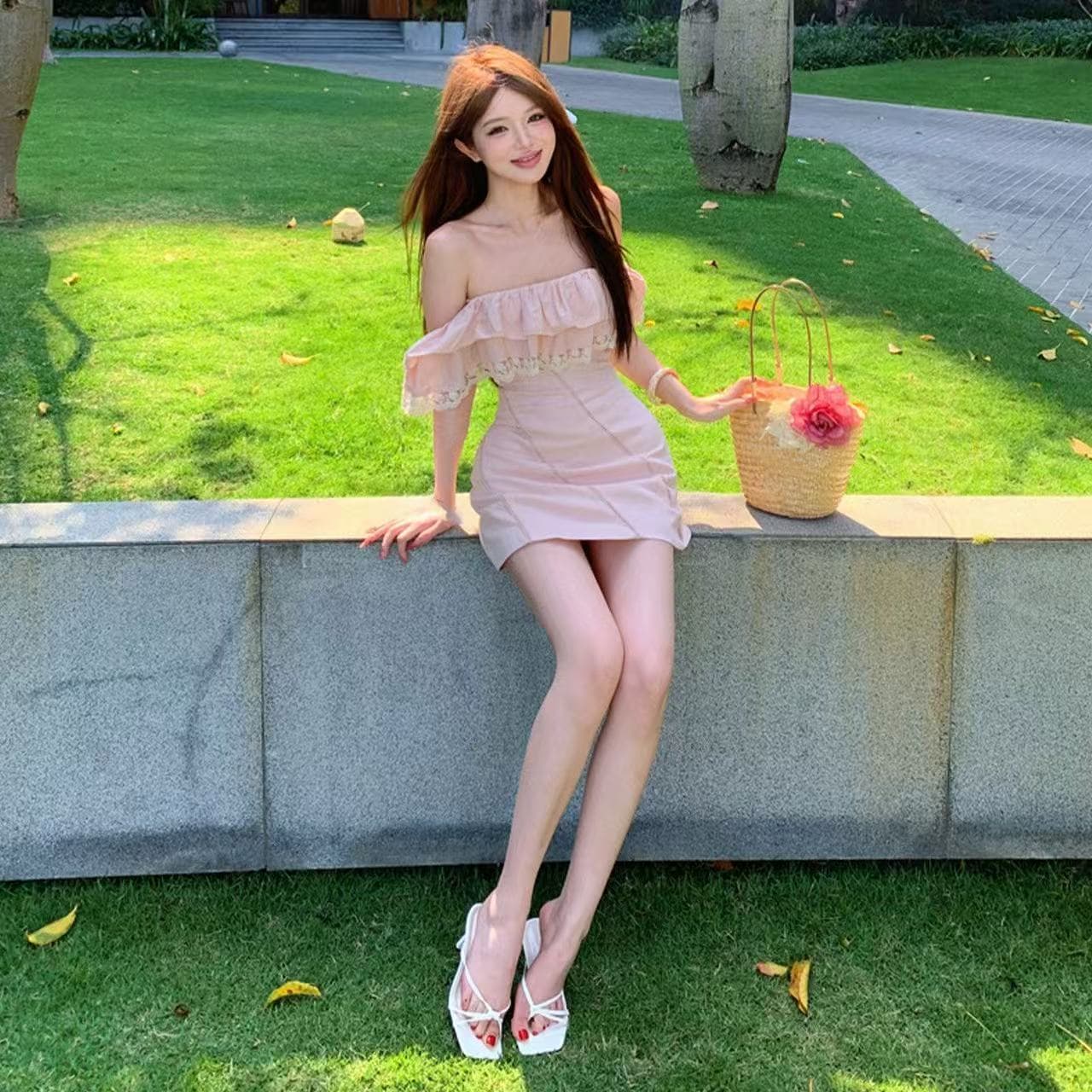 프랑스식 품격 달콤함 핑크색 여성 드레스 여름 새로운 프릴 한 마디 미니 스커트 오프숄더 허리 수축 치마