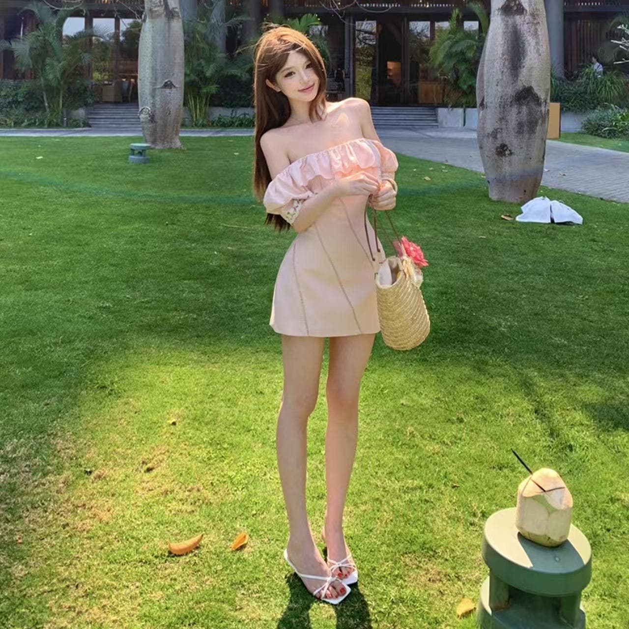 프랑스식 품격 달콤함 핑크색 여성 드레스 여름 새로운 프릴 한 마디 미니 스커트 오프숄더 허리 수축 치마 상세 이미지 5