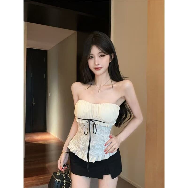 순수한 욕망 핫걸 자카드 나비 매듭 레이스 튜브탑 여성 여름 오프숄더 배색 허리 몸매 가꾸기 맨위 상세 이미지 2