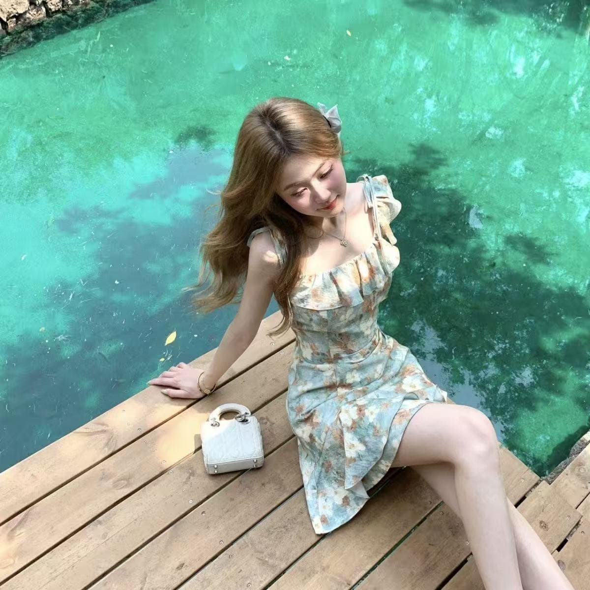 프랑스식 여름 휴가 바람 유화 불규칙 드레스 허리 수축 슬림해 보이는 도파민 슬립 꽃무늬 상세 이미지 3