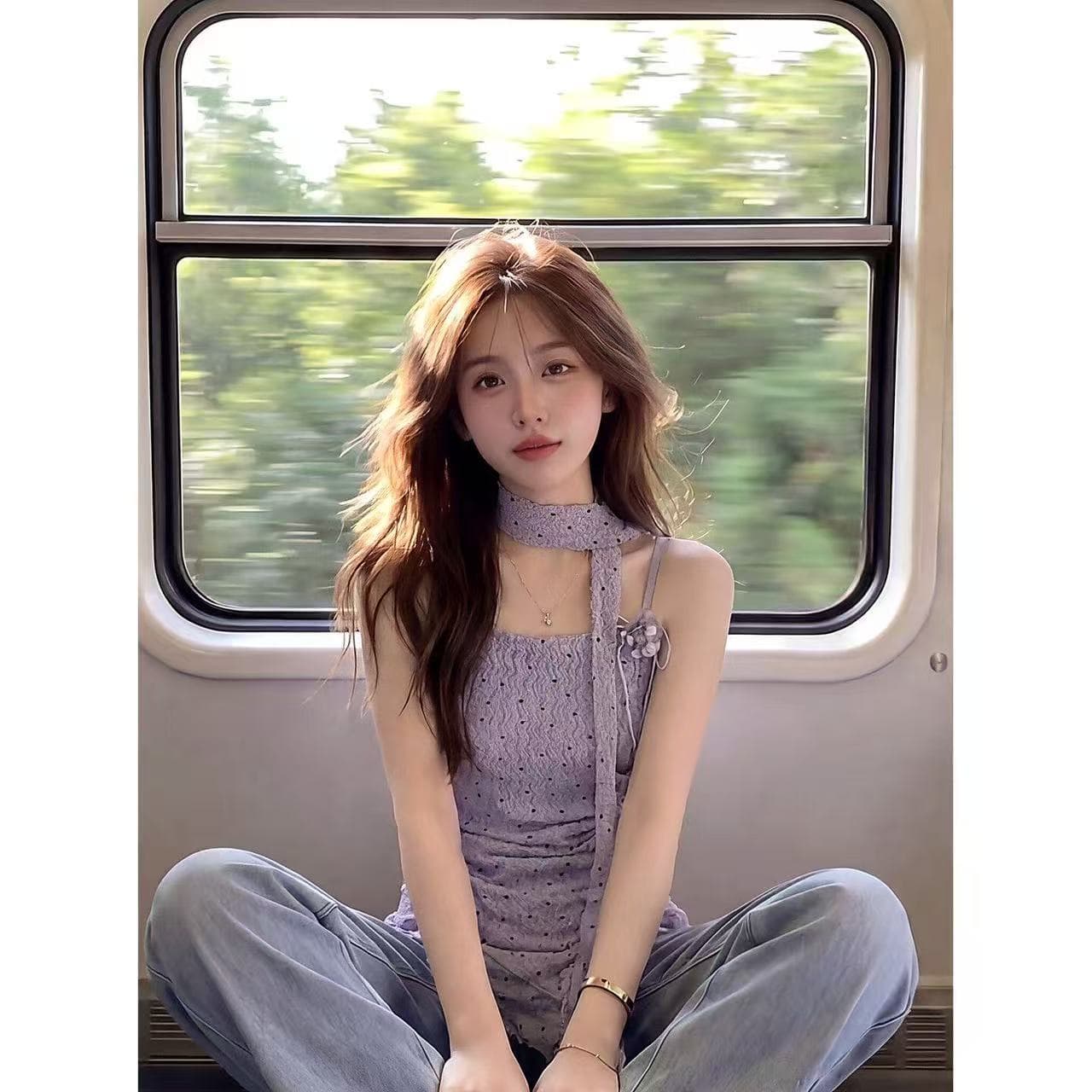 여름 한 단어 레이스 칼라 패치워크 작은 꽃 도트 무늬 슬립 몸매 가꾸기 중간 길이 리본 불규칙 맨위 이미지 4