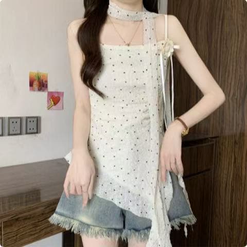 여름 한 단어 레이스 칼라 패치워크 작은 꽃 도트 무늬 슬립 몸매 가꾸기 중간 길이 리본 불규칙 맨위 이미지 2