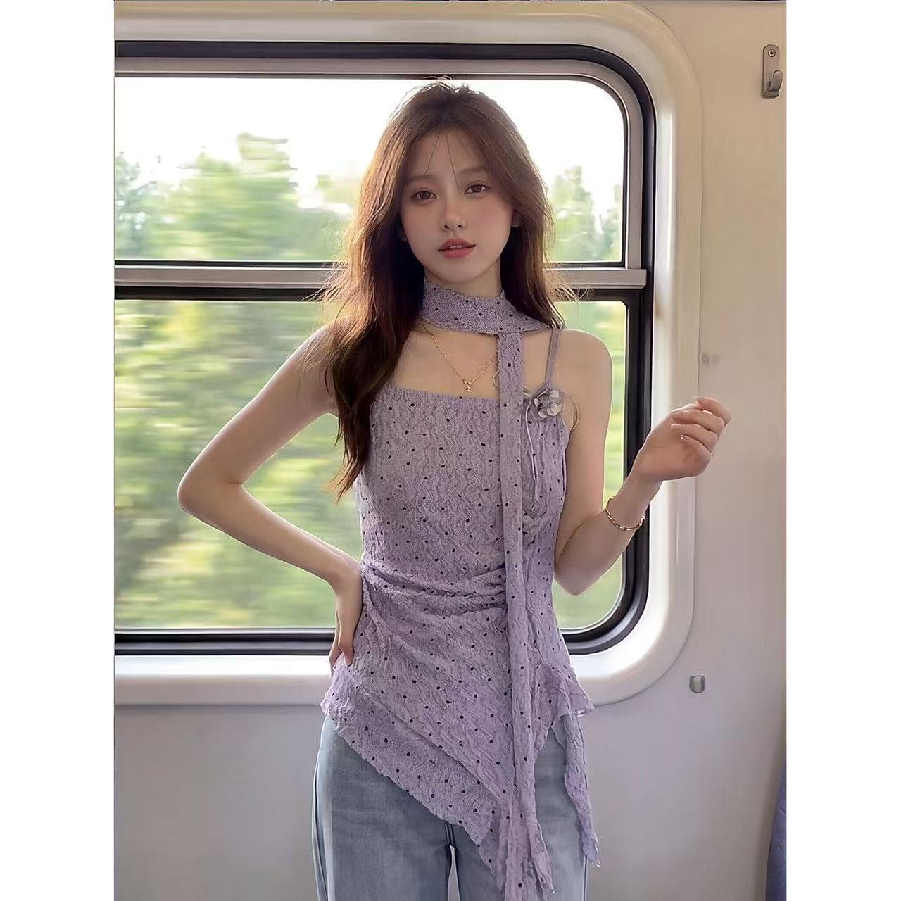 여름 한 단어 레이스 칼라 패치워크 작은 꽃 도트 무늬 슬립 몸매 가꾸기 중간 길이 리본 불규칙 맨위 상세 이미지 1