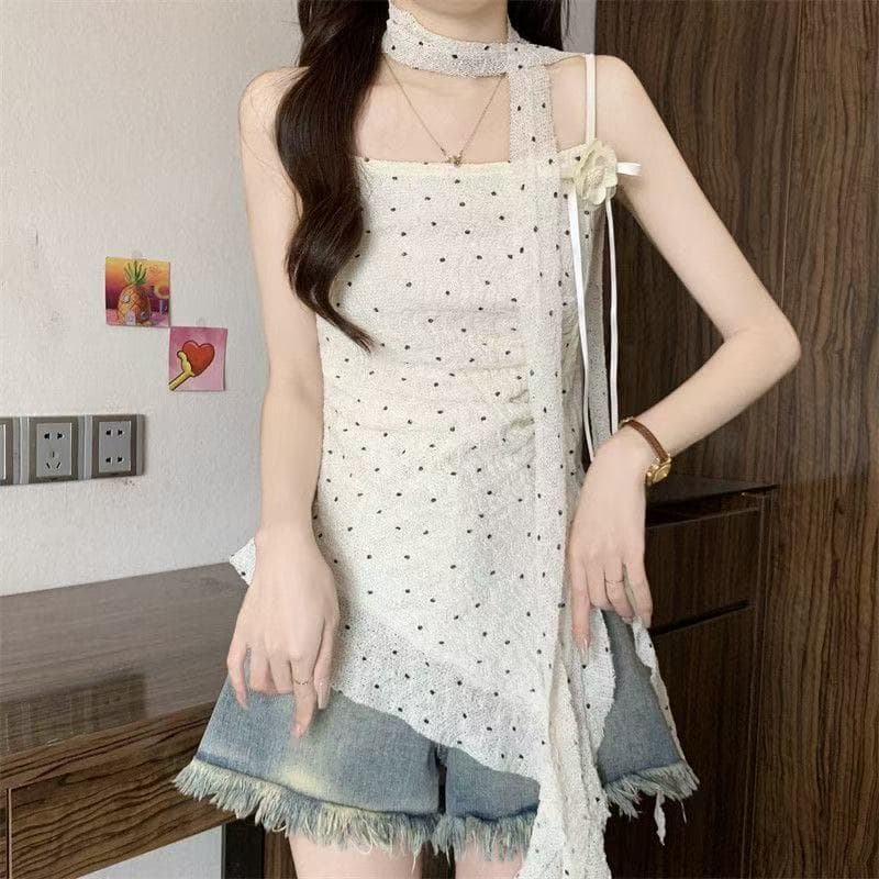 여름 한 단어 레이스 칼라 패치워크 작은 꽃 도트 무늬 슬립 몸매 가꾸기 중간 길이 리본 불규칙 맨위 상세 이미지 7