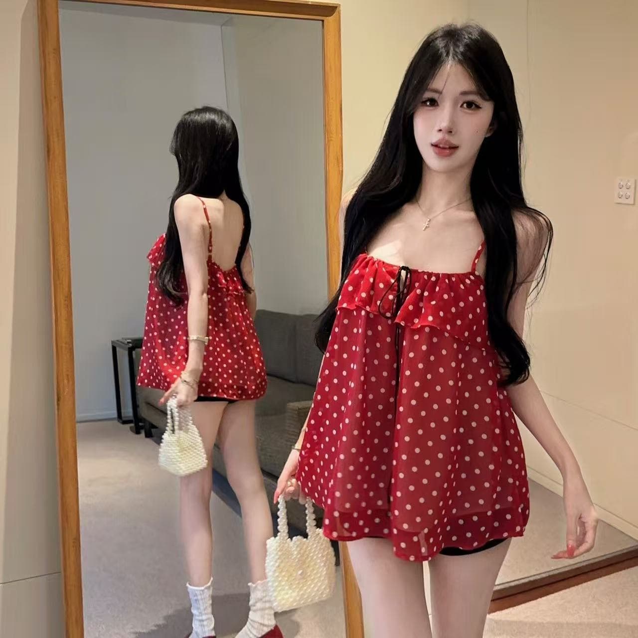 도파민 바람 빨간색 도트 무늬 패치워크 프릴 슬립 쉬폰 루즈핏 슬림해 보이는 만나는 외출용 백리스 맨위 여성 상세 이미지 4