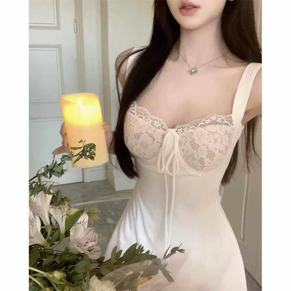 여름 프랑스식 순수한 욕망 핫걸 슬립 여성 드레스 달콤한 매운맛 바람 섹시함 스트랩 레이스 조각 한 마디 짧은 치마 이미지 3