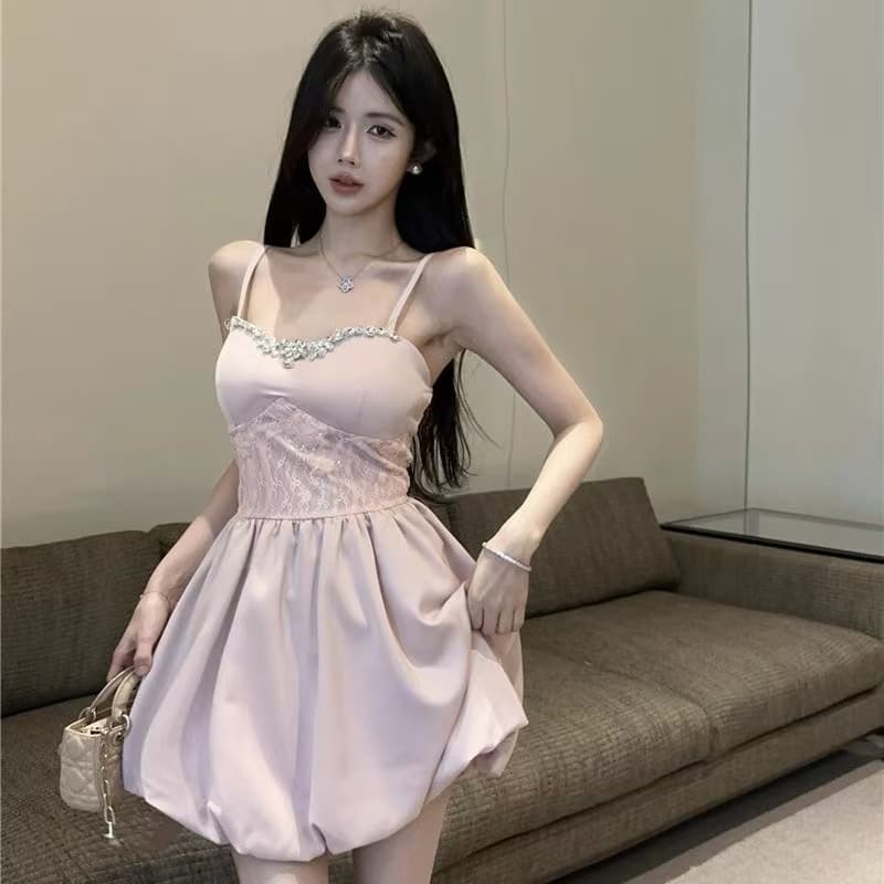 천 골드 명문 여성 핑크색 슬립 여성 드레스 여름 공주 꽃밭 허리 수축 퍼프 스커트 레이스 튜브탑 작은 치마 이미지 3