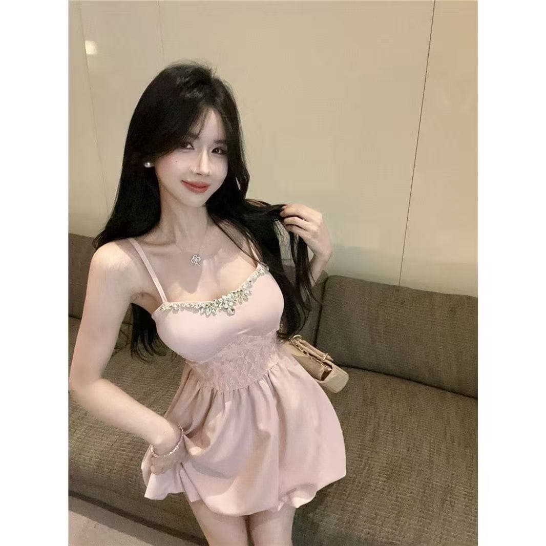 천 골드 명문 여성 핑크색 슬립 여성 드레스 여름 공주 꽃밭 허리 수축 퍼프 스커트 레이스 튜브탑 작은 치마 상세 이미지 1