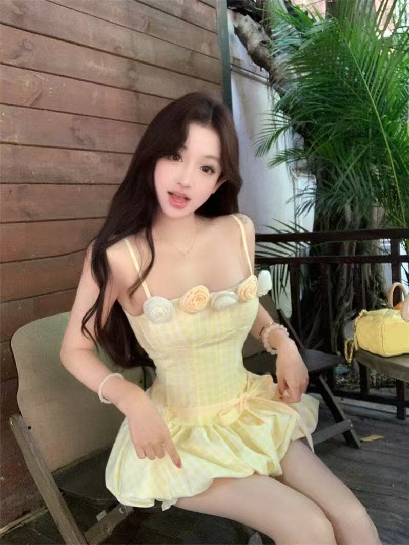 순수한 욕망 바람 3 차원 꽃 체크무늬 슬립 여성 드레스 여름 허리 수축 케이크 치마 달콤한 핫걸 백리스 미니 스커트 상세 이미지 5
