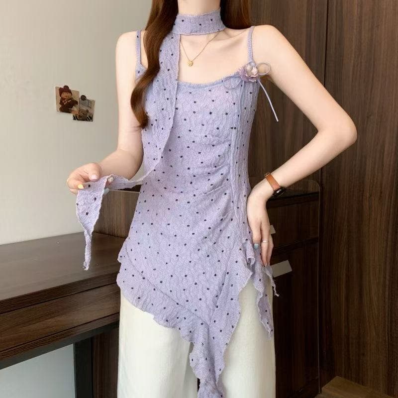 여름 한 단어 레이스 칼라 패치워크 작은 꽃 도트 무늬 슬립 몸매 가꾸기 중간 길이 리본 불규칙 맨위 상세 이미지 1