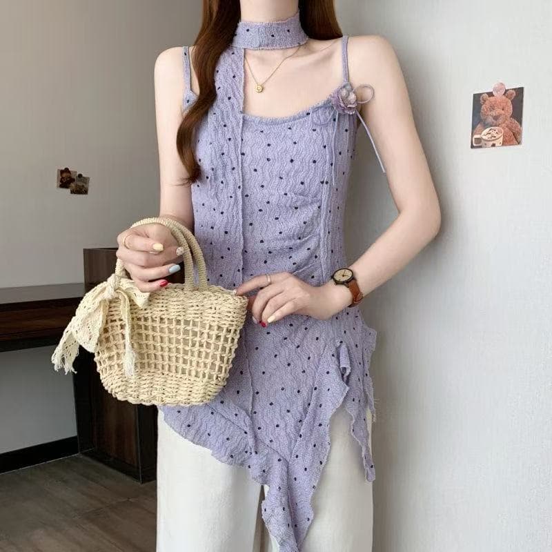 여름 한 단어 레이스 칼라 패치워크 작은 꽃 도트 무늬 슬립 몸매 가꾸기 중간 길이 리본 불규칙 맨위 상세 이미지 2