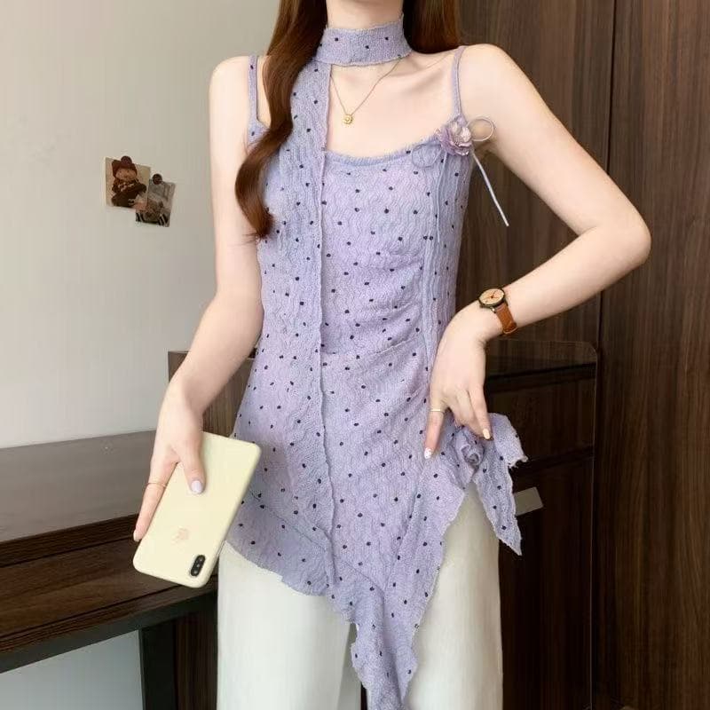 여름 한 단어 레이스 칼라 패치워크 작은 꽃 도트 무늬 슬립 몸매 가꾸기 중간 길이 리본 불규칙 맨위 상세 이미지 3