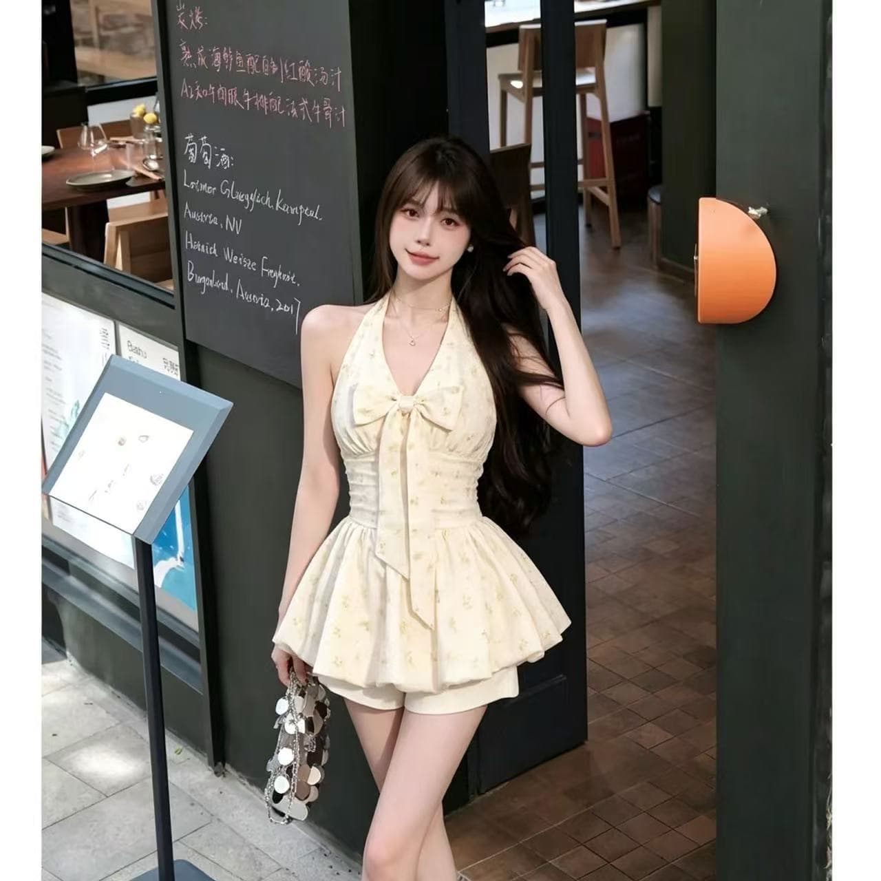 달콤한 스타일 꽃무늬 행침 목 투피스 조끼 여성 여름 프랑스식 나비 매듭 꽃밭 작은 맨위 허리 수축 반바지 세트 이미지 3