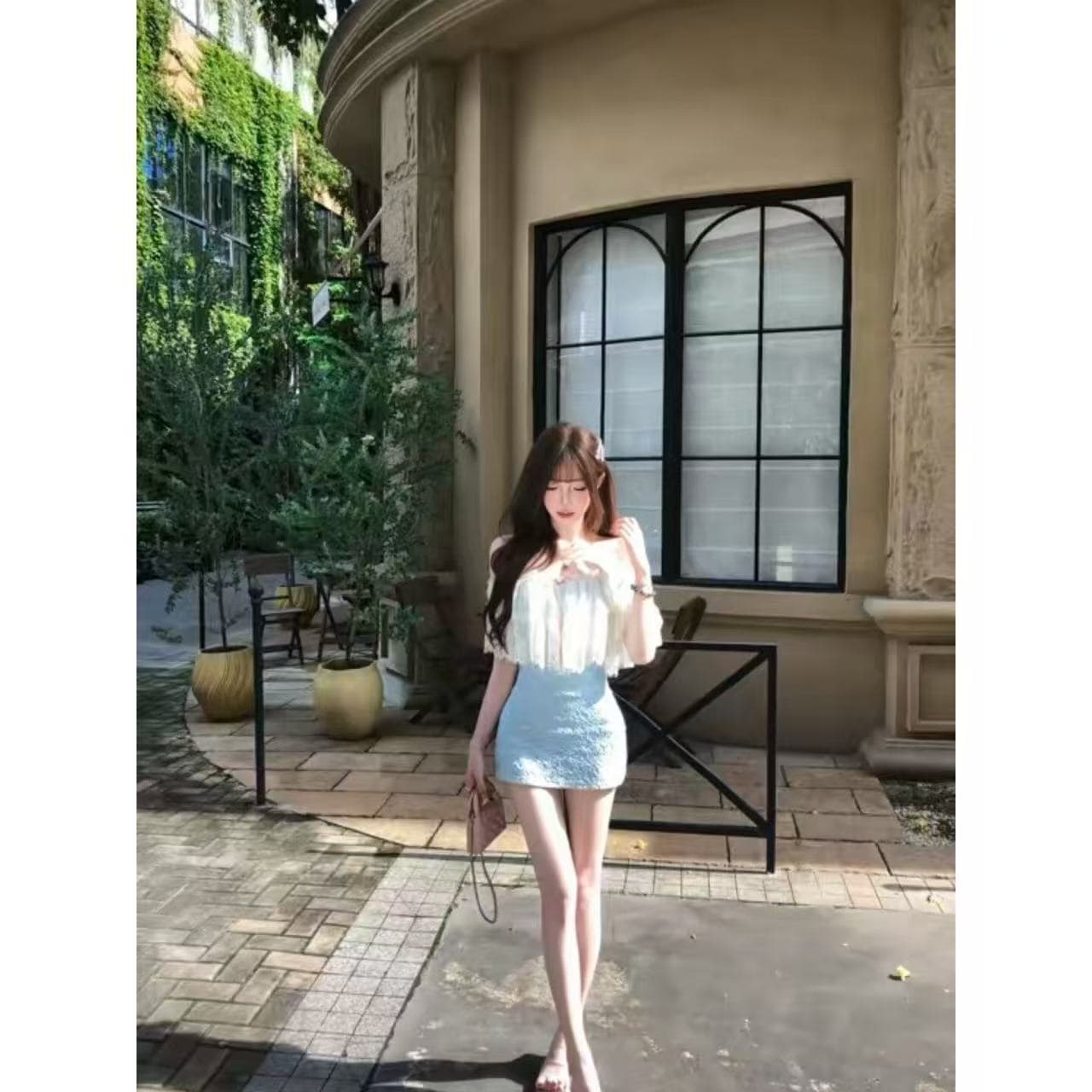 프랑스식 아름다운 오프숄더 레이스 여성 드레스 여름 자이언트 잘 생긴 섹시함 순수한 욕망 핫걸 몸매 가꾸기 타이트 스커트 짧은 치마