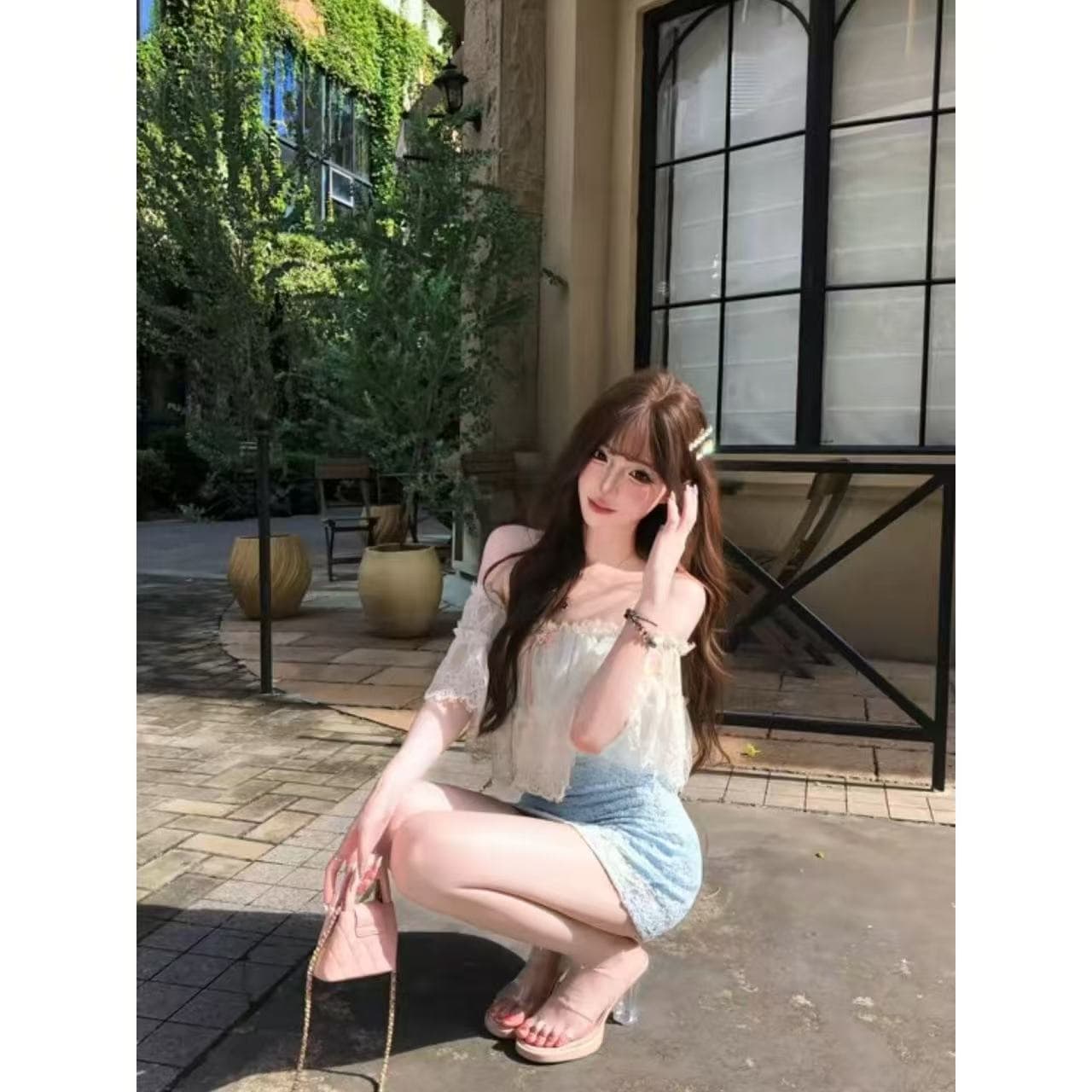 프랑스식 아름다운 오프숄더 레이스 여성 드레스 여름 자이언트 잘 생긴 섹시함 순수한 욕망 핫걸 몸매 가꾸기 타이트 스커트 짧은 치마 이미지 5