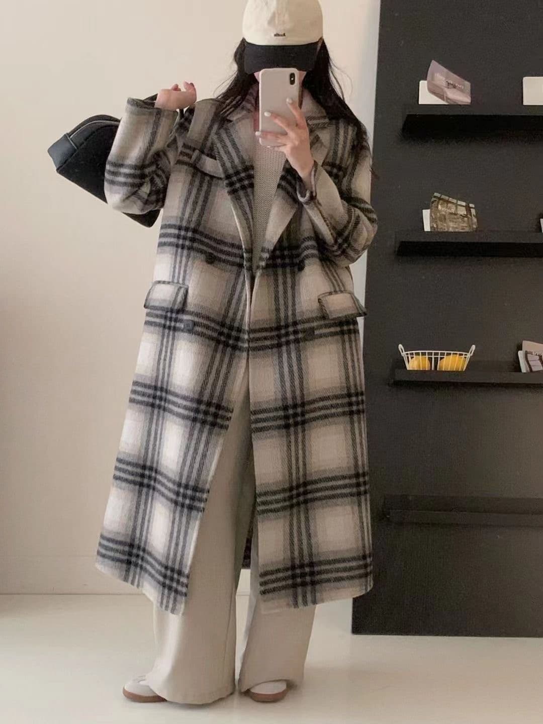 가을 겨울 새로운 고급 센스 한 부서 체크무늬 모직 코트 여성 플러스 롱 코트 루즈핏 캐주얼 재킷 상세 이미지 3