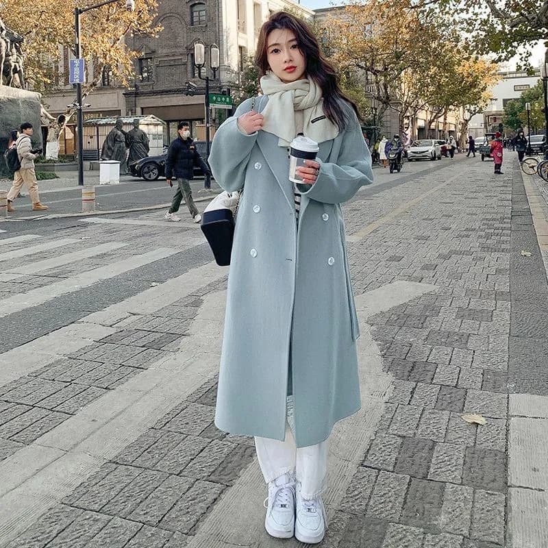 파란색 양면 양모 외투 가을 겨울철 새로운 한국 스타일 루즈핏 중간 길이 레이스업 모직 여성 코트 상세 이미지 2