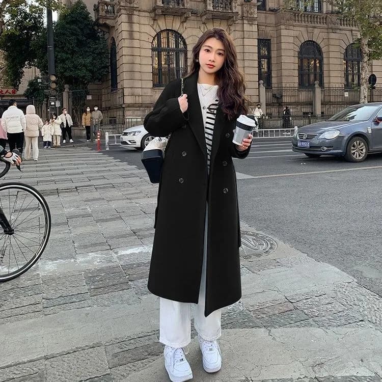 파란색 양면 양모 외투 가을 겨울철 새로운 한국 스타일 루즈핏 중간 길이 레이스업 모직 여성 코트 상세 이미지 3