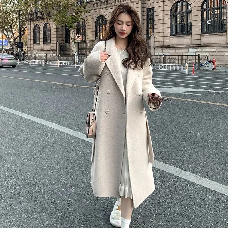 파란색 양면 양모 외투 가을 겨울철 새로운 한국 스타일 루즈핏 중간 길이 레이스업 모직 여성 코트 상세 이미지 4