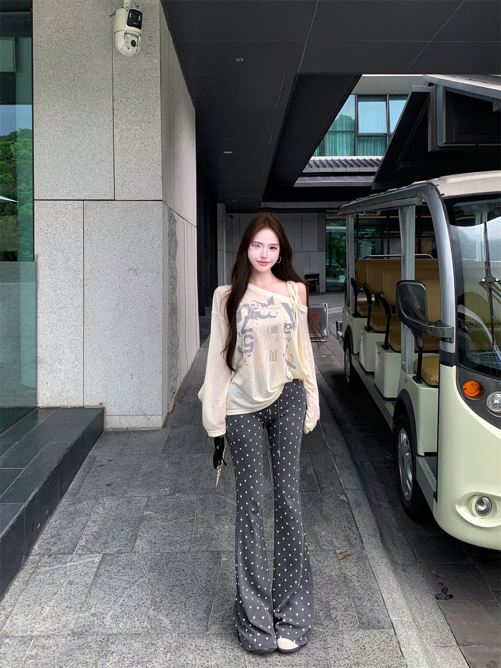 실사 한 부서 순수한 욕망 바람 패션 품격 세트 여름 오프숄더 긴팔 티셔츠 도트 무늬 캐주얼 바지 두 조각 여성 세트 상세 이미지 10
