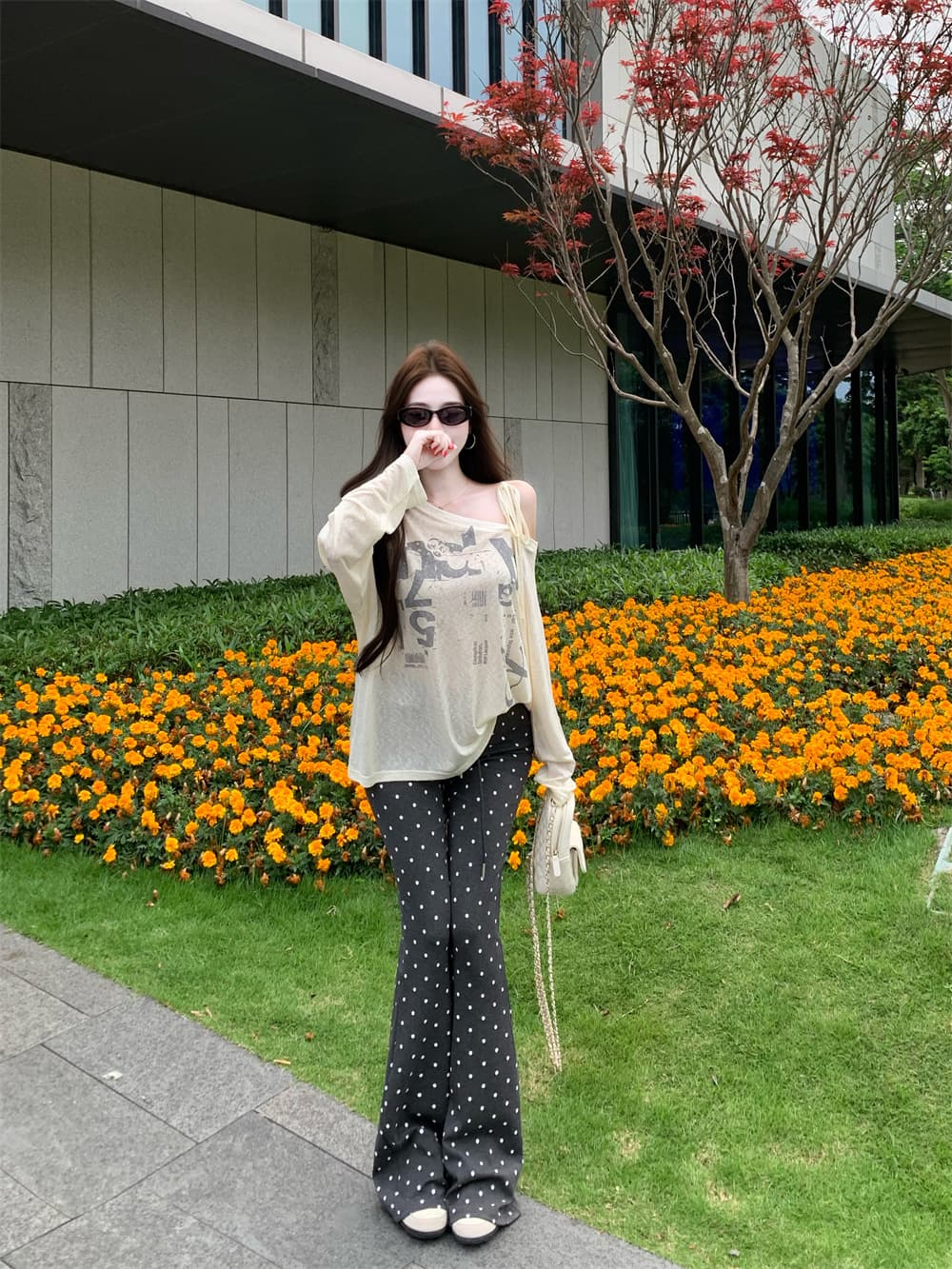 실사 한 부서 순수한 욕망 바람 패션 품격 세트 여름 오프숄더 긴팔 티셔츠 도트 무늬 캐주얼 바지 두 조각 여성 세트 상세 이미지 13