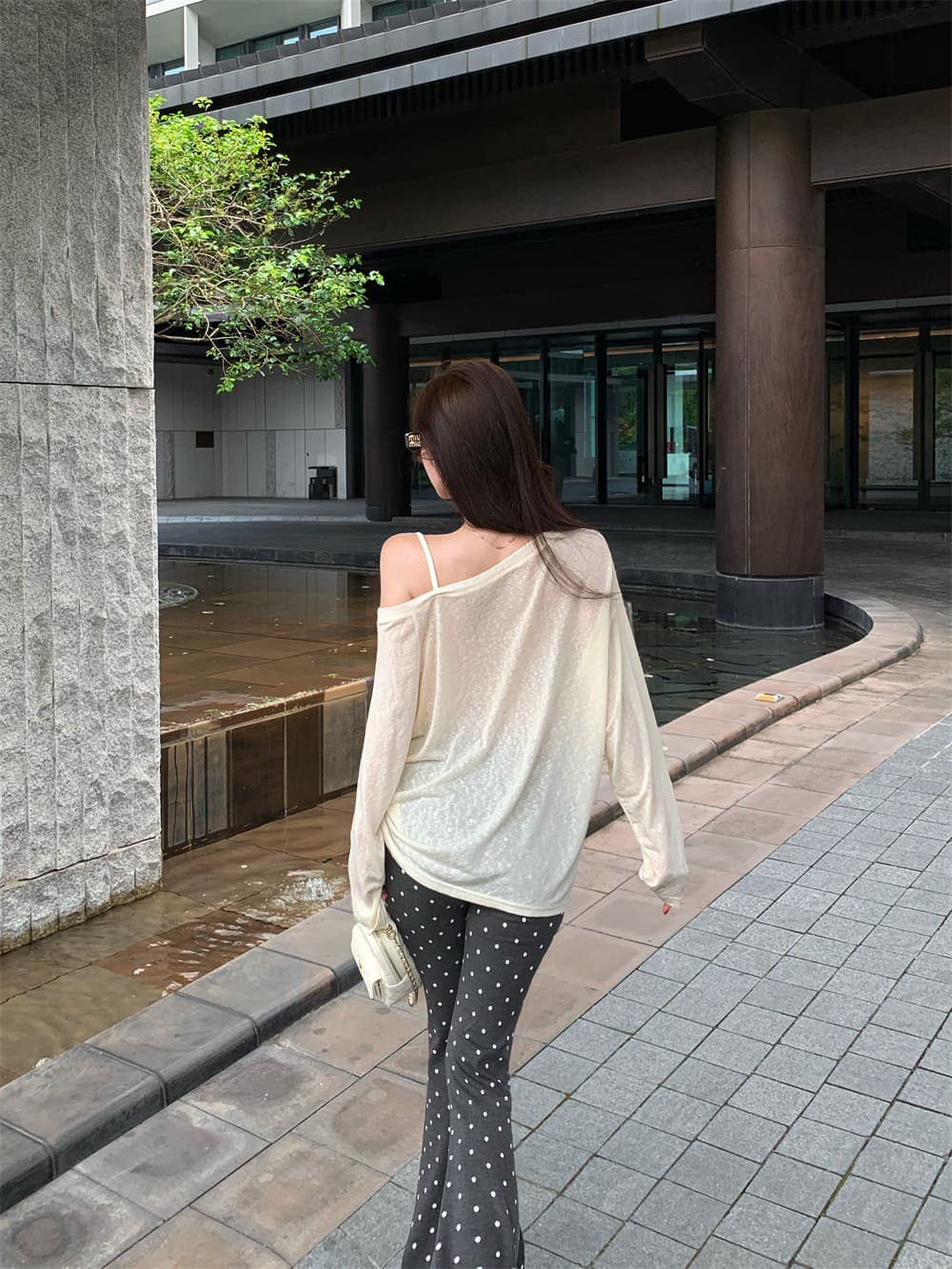 실사 한 부서 순수한 욕망 바람 패션 품격 세트 여름 오프숄더 긴팔 티셔츠 도트 무늬 캐주얼 바지 두 조각 여성 세트 상세 이미지 15