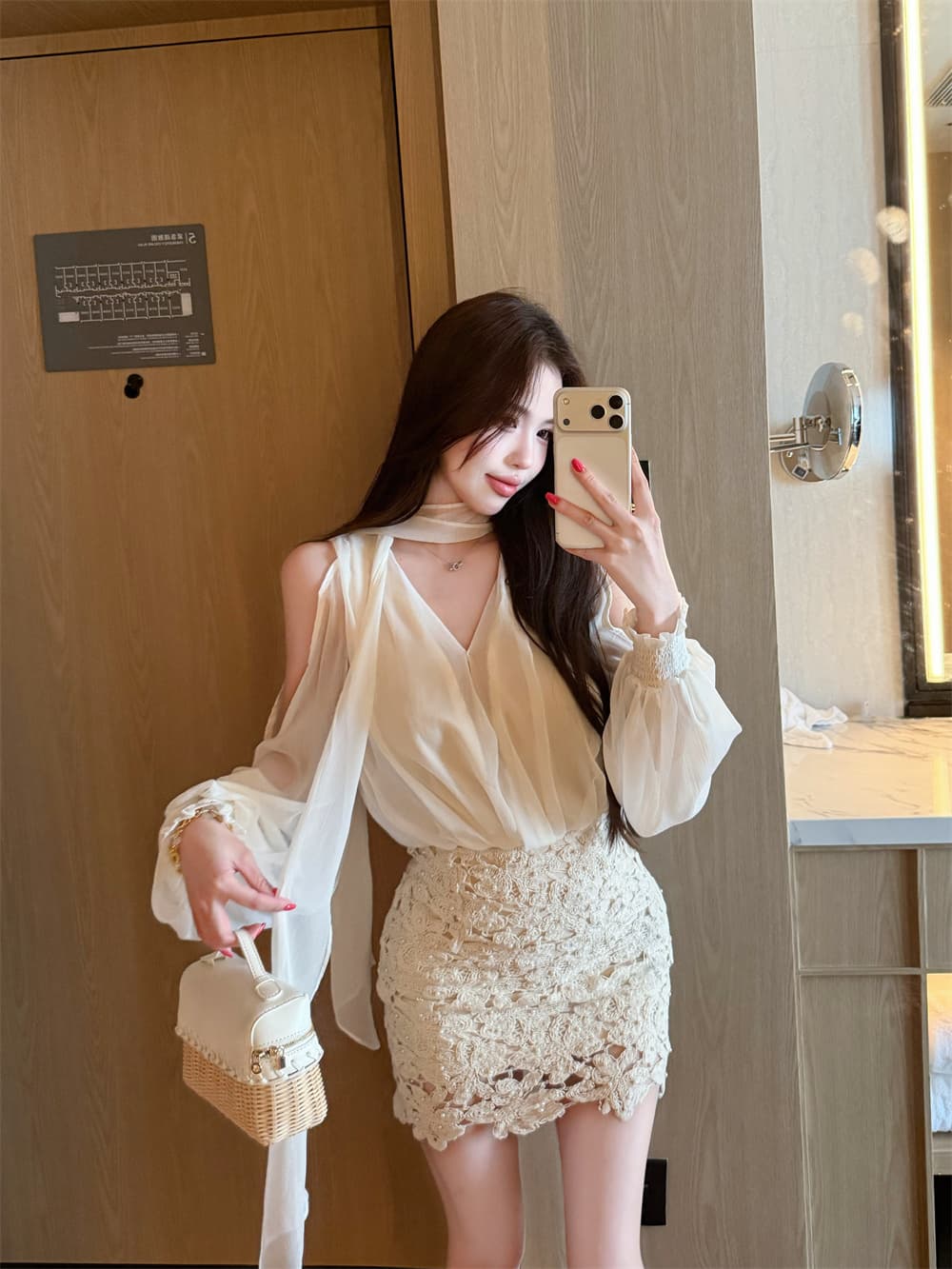 실사 순수한 욕망 세트 여성 여름 자이언트 잘 생긴 화이트 쉬폰 셔츠 레이스 타이트 스커트 반신 짧은 치마 투피스 세트 상세 이미지 3