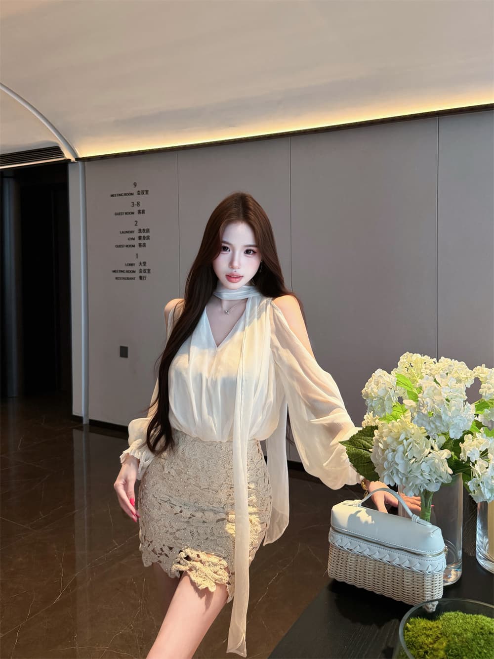 실사 순수한 욕망 세트 여성 여름 자이언트 잘 생긴 화이트 쉬폰 셔츠 레이스 타이트 스커트 반신 짧은 치마 투피스 세트 상세 이미지 7
