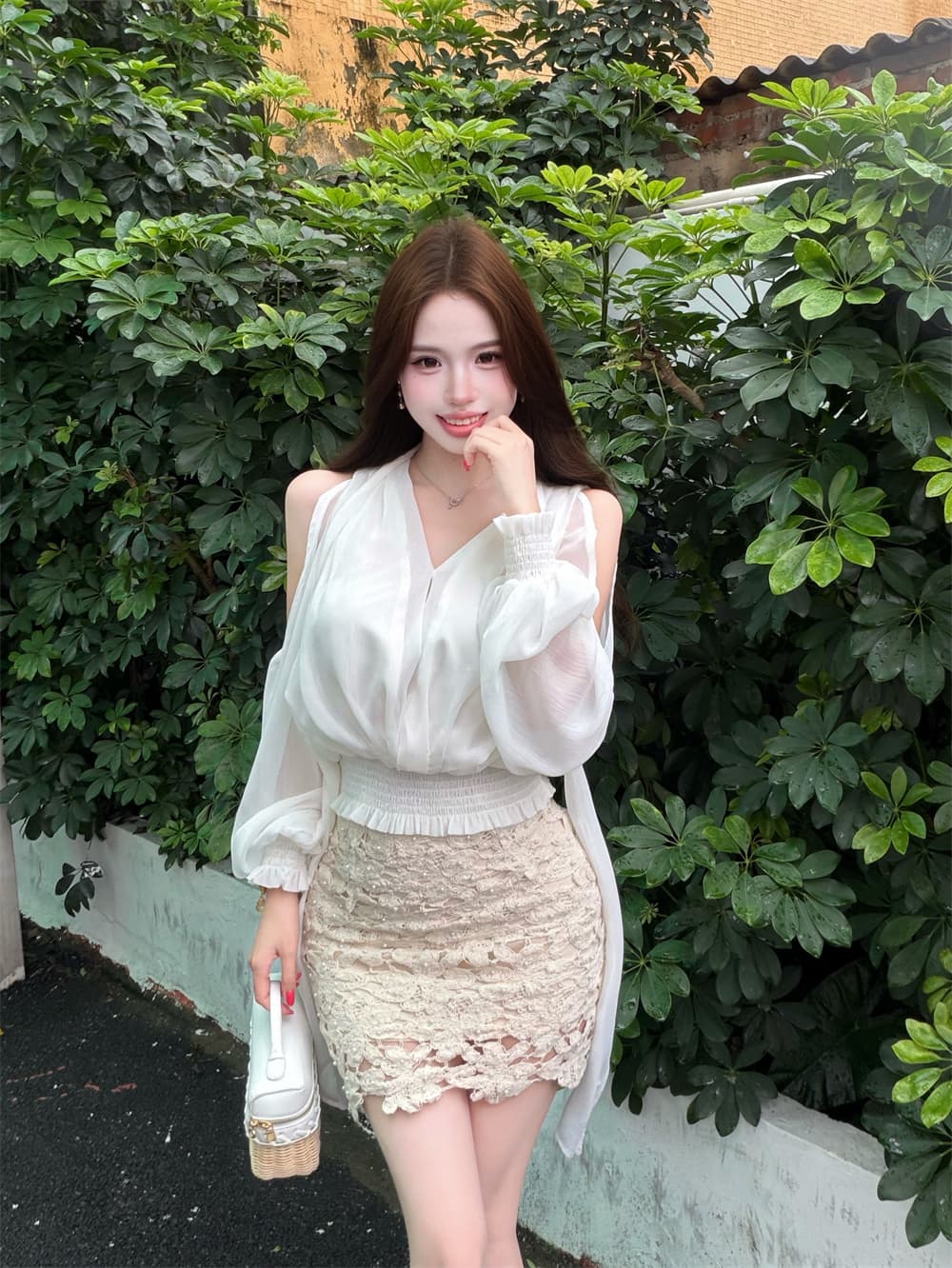 실사 순수한 욕망 세트 여성 여름 자이언트 잘 생긴 화이트 쉬폰 셔츠 레이스 타이트 스커트 반신 짧은 치마 투피스 세트 상세 이미지 15