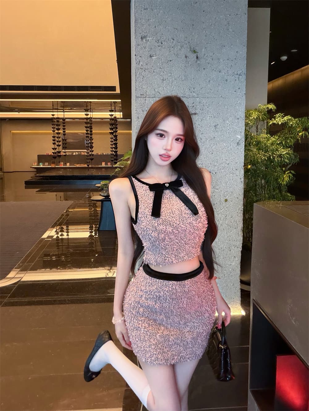 실사 여름 새로운 작은 샤넬 스타일 3 차원 벨벳 나비 매듭 조끼 트위드 미니 스커트 세트