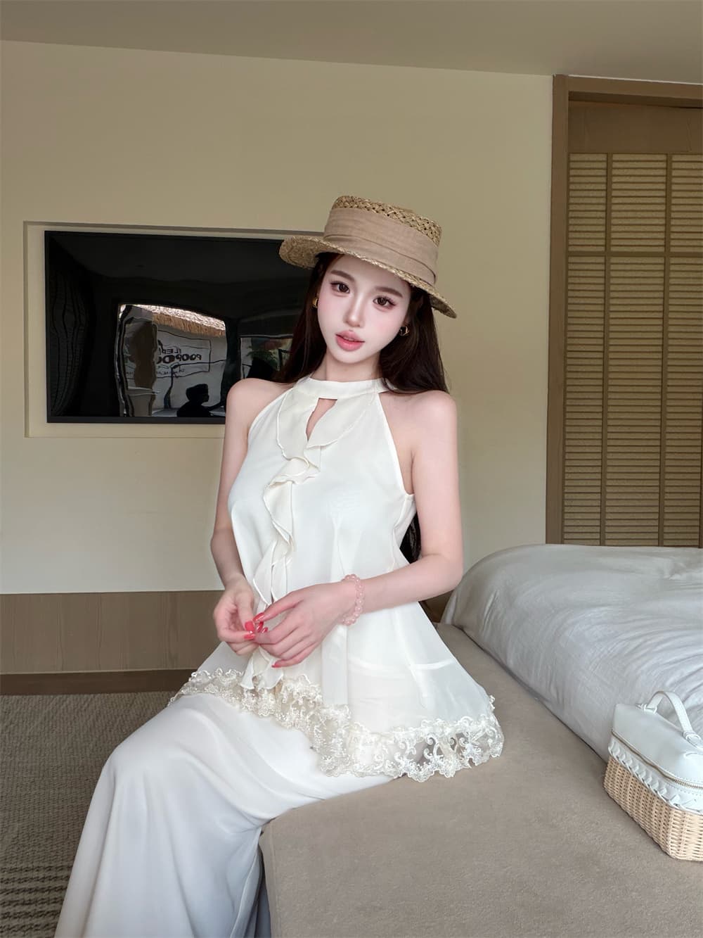 실사 쉬폰 세트 여성 여름 행침 목 맨위 도루 센스 반신 스커트 상세 이미지 2
