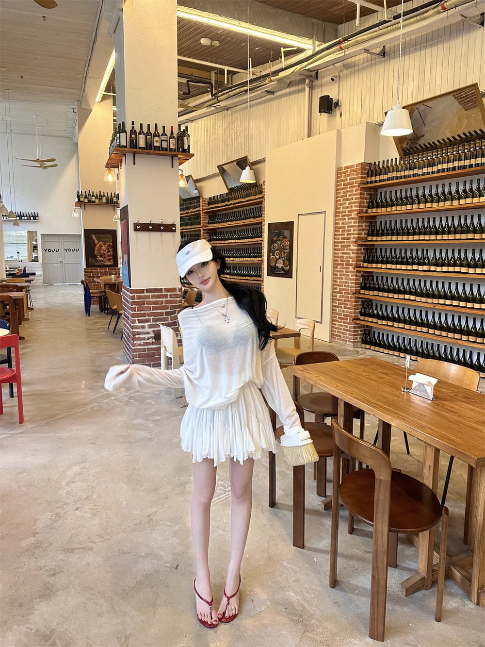 실사 여름 새로운 순수한 욕망 바람 오프숄더 긴팔 티셔츠 꽃밭 치마 투피스 세트 세트 여성 상세 이미지 5
