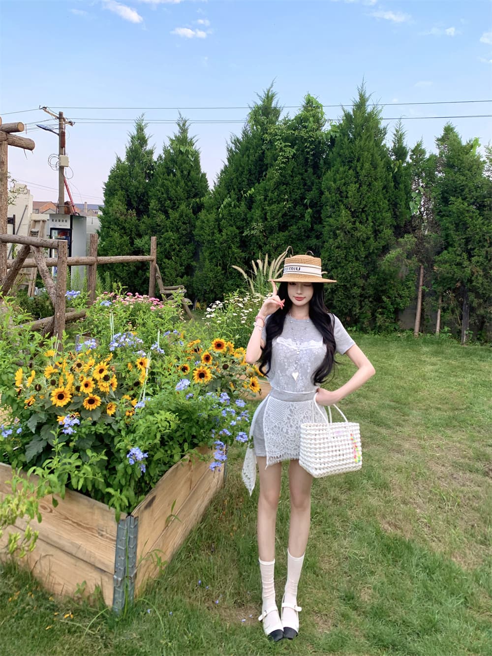 실사 여름 새로운 캐주얼 바람 레이스 반팔 맨위 반신 스커트 패션 투피스 세트 이미지 3